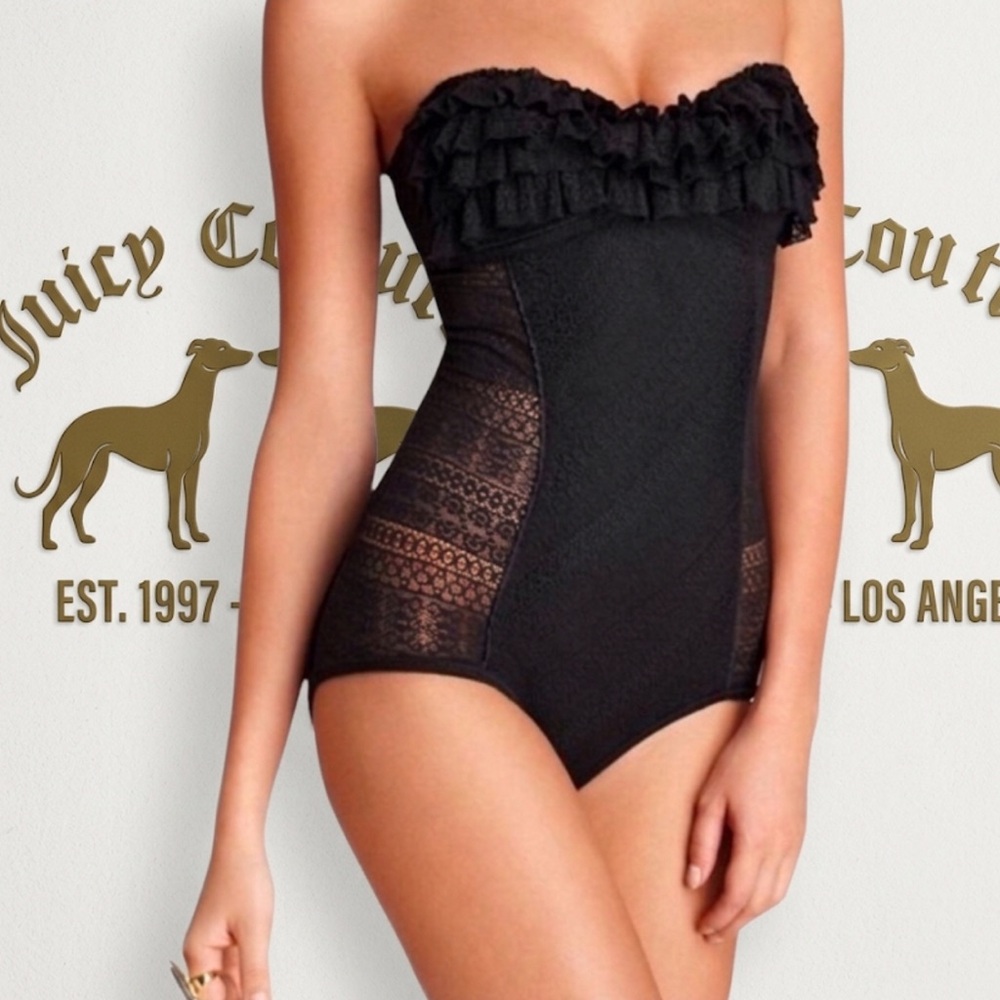 Authentic Juicy Couture designer vintage black lace swimsuit bodysuit top sz M